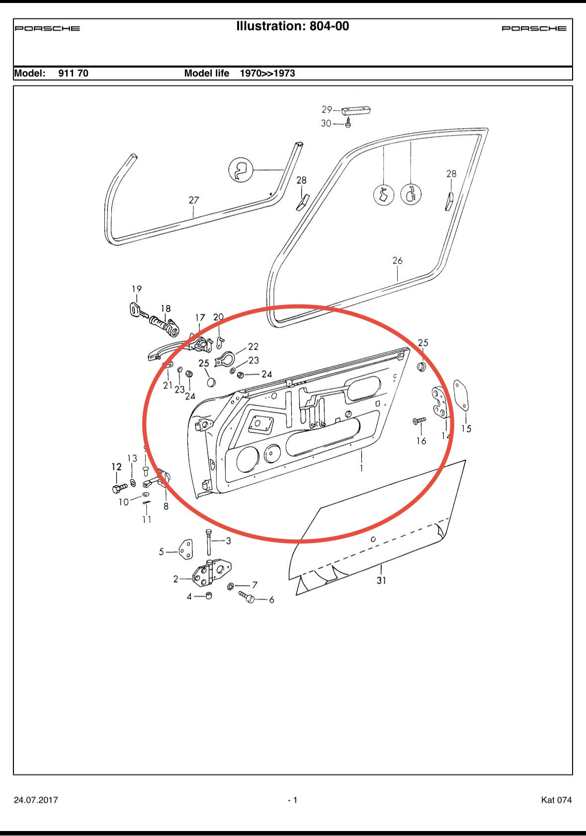 Genuine Porsche repaired RH door shell with new Dansk door skin for 911 F- & G-model (1965-1989)
