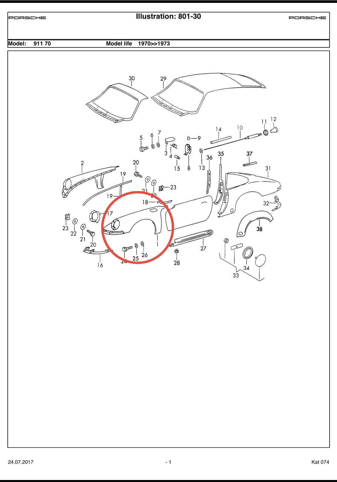 Genuine Porsche wing for 911 (F-model), LH, p/n 901.503.031.23