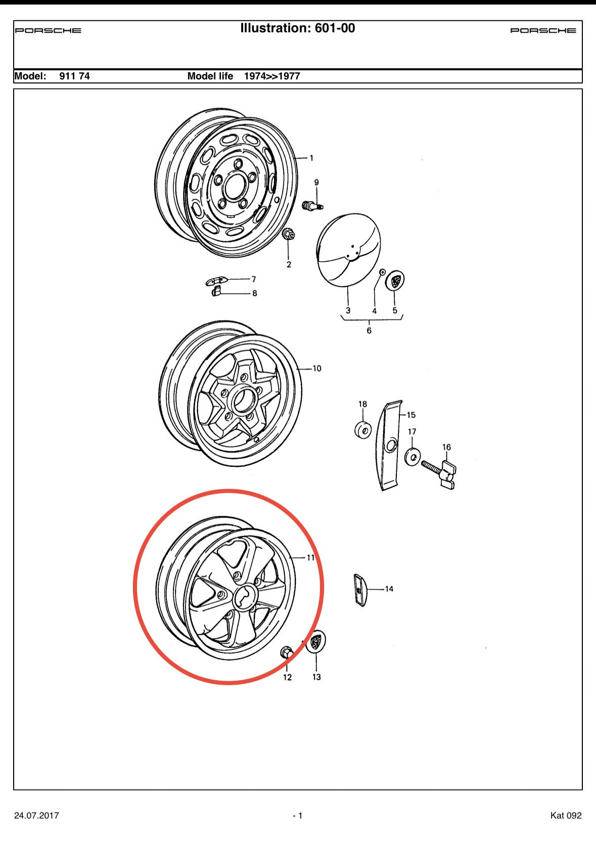 Genuine Porsche 7J x 16” Fuchs rim for 911/930 (G-model) 1974-77, p/n 911.361.020.44