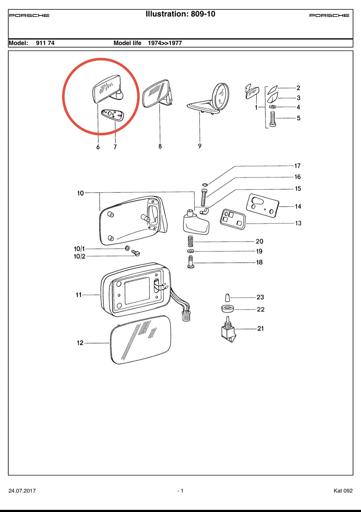Genuine Porsche NOS large flag door mirror (LH) for 911 G-model (1974-75)