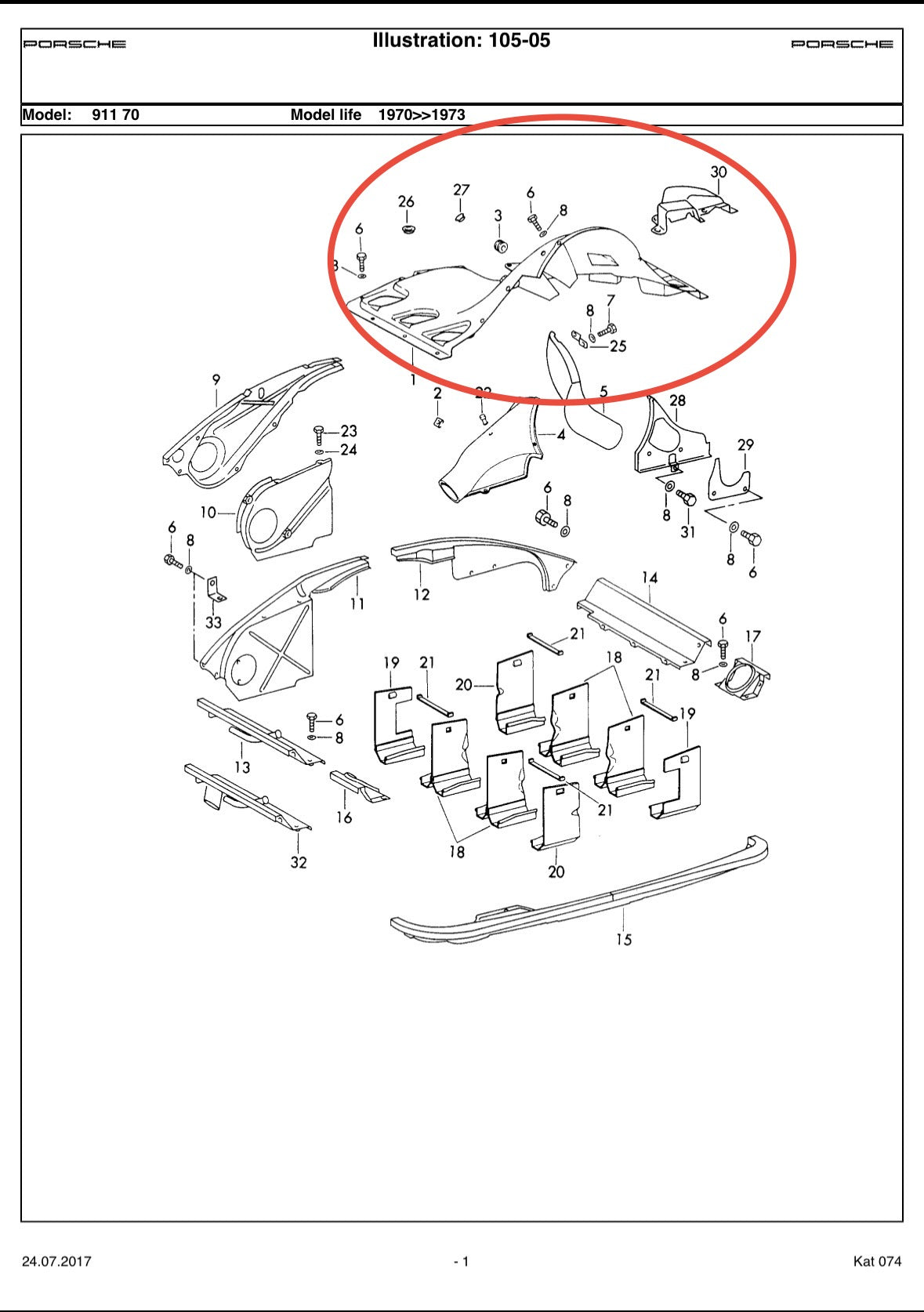 Genuine Porsche engine shroud for 2.4l 911E 1972-73 with oil cooler guide