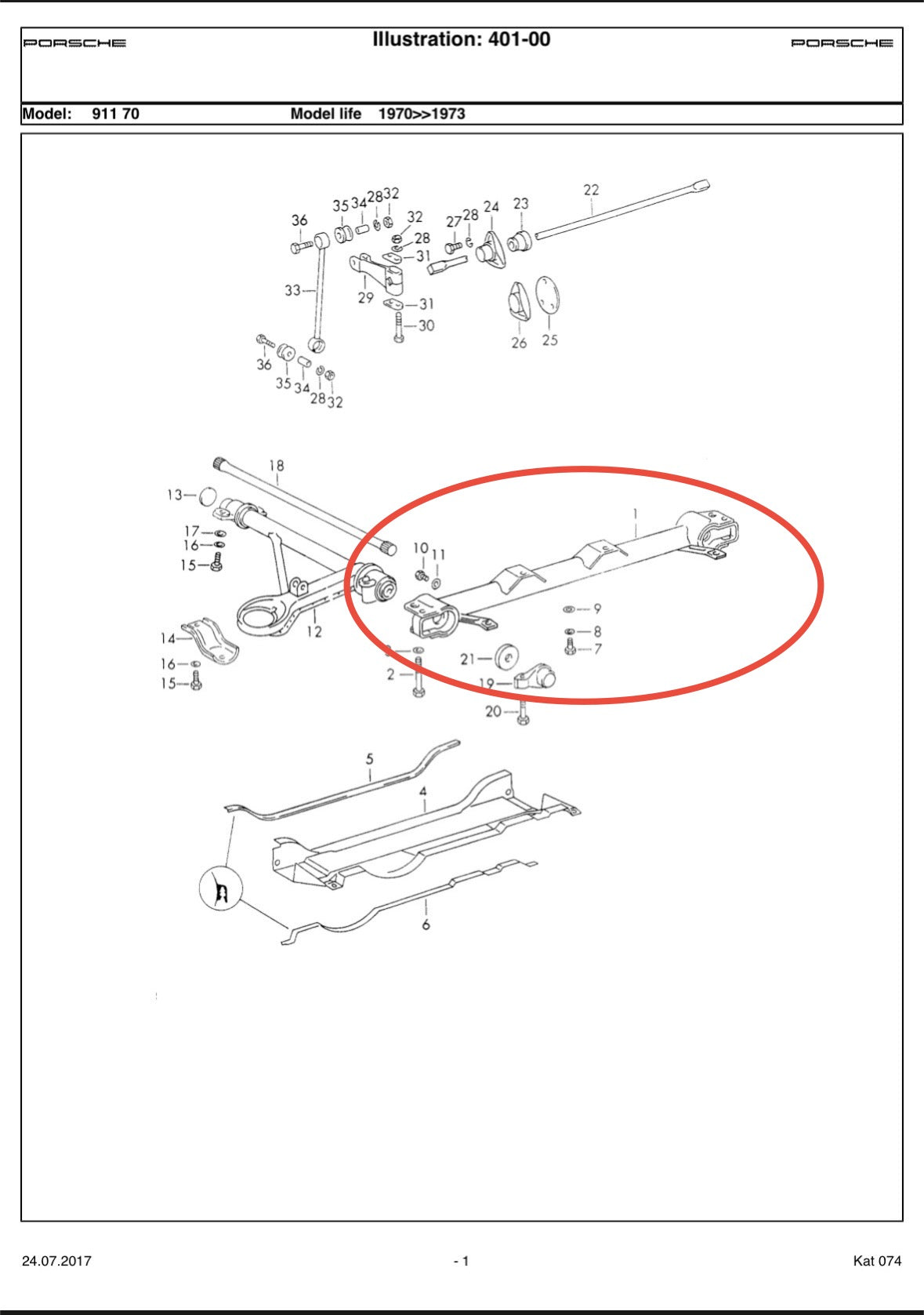 Genuine Porsche front axle support tube for 911 (1972-77)