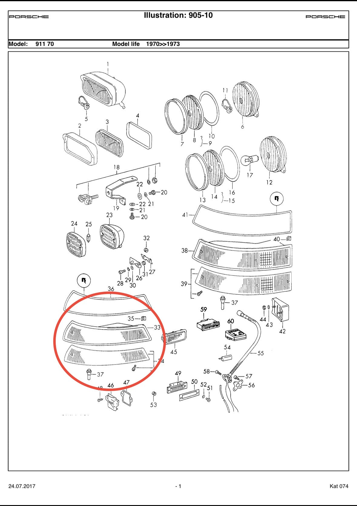 Genuine Porsche front direction lens ‘69-‘72 (chrome trim), p/n 911.631.924.03