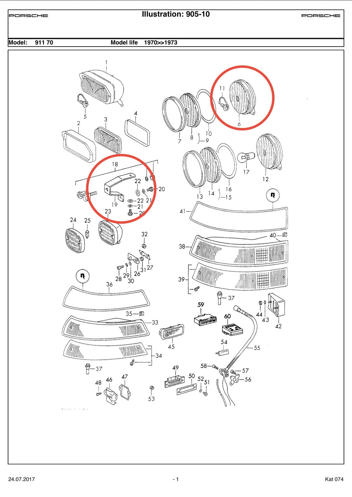 Pair of NOS genuine Porsche through-grille additional headlamps / fog lights - option M 433 for Carrera 2.7 RS