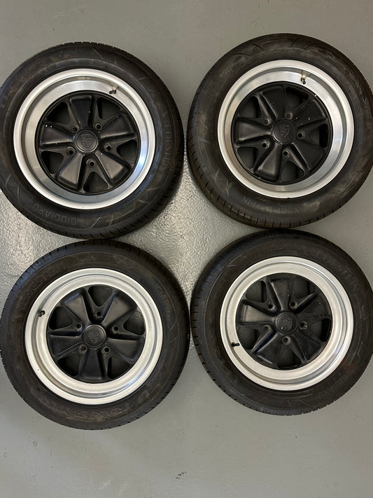 Set of 4 genuine Porsche 6J & 7J x 16" Fuchs rims for Porsche 911/930 (G-model) SC / 3.0l Carrera 1978-83 with hub caps & Vredenstein Ultrac Satin tyres, p/n 911.361.020.43 & 911.361.020.44